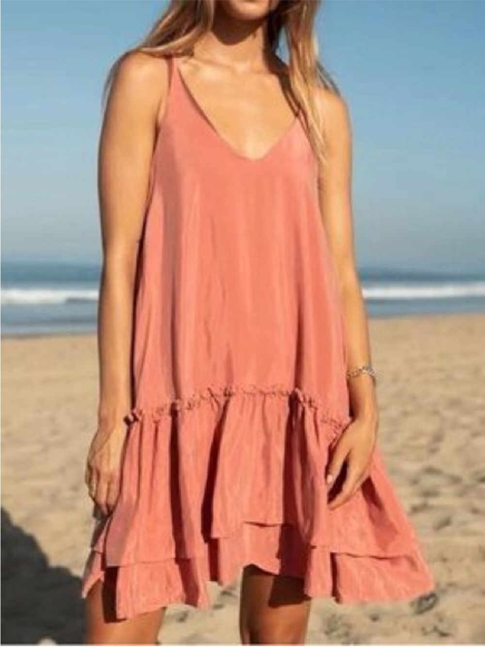 Left On Friday Peachy Coral Tiered Spaghetti-Strap Mini Dress